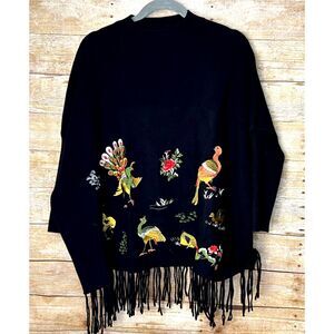 KEYINGYI CASHMERE BLEND EXOTIC BIRD EMBROIDERED FRINGE TUNIC BATWING PONCHO LRG